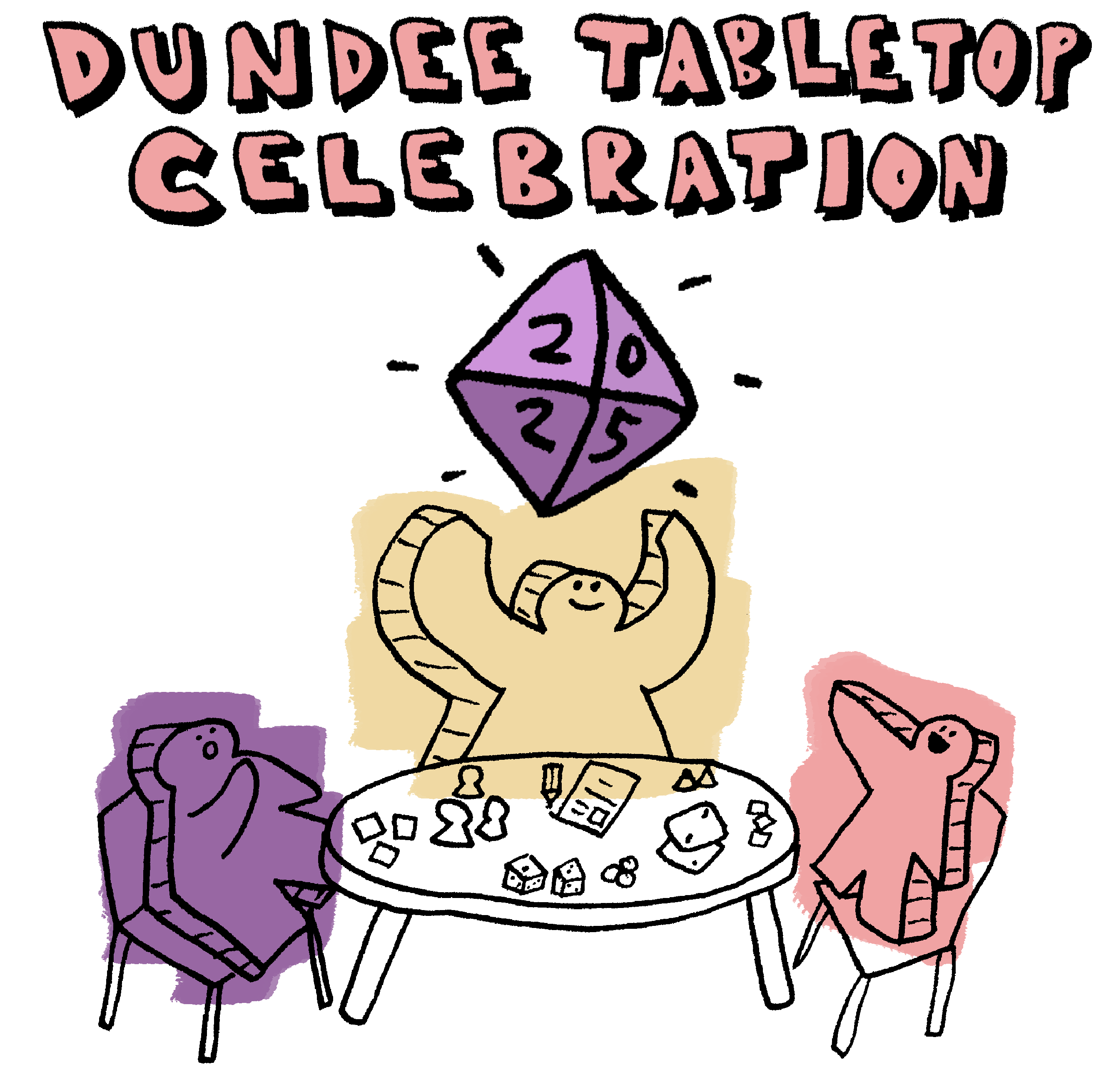 Dundee Tabletop Celebration 2025 (meeples sit around a table filled with board game pieces)